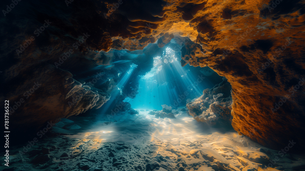 Sunlight filtering through an underwater cave with marine life.