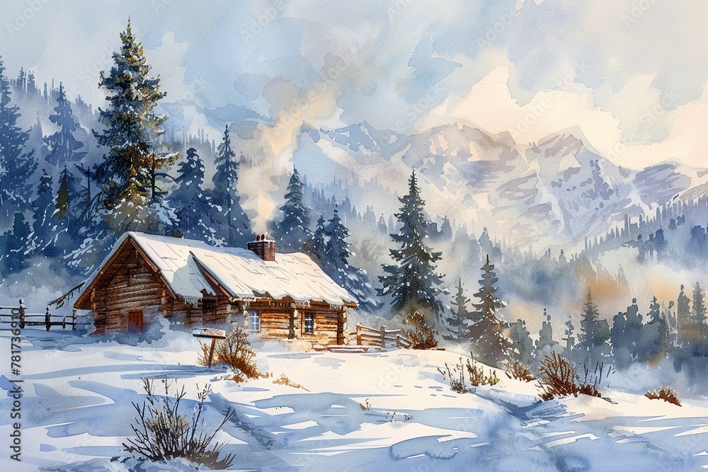 watercolor drawing of a snowy winter landscape with a small, cozy cabin, smoke rising from the chimney, surrounded by pine trees and a blanket of fresh, untouched snow