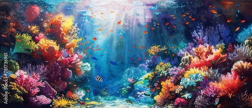 watercolor of a vibrant coral reef underwater scene, teeming with colorful fish, corals, and sunlight filtering through the water, creating a mosaic of light on the ocean floor © NatthyDesign