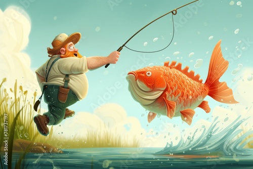 postcard. A fisherman is fishing