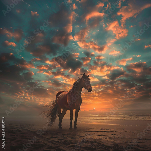 A brown horse standing on top of a sandy beach under a cloudy blue and orange sky with a sunset. Ai generative  © Riffi artist