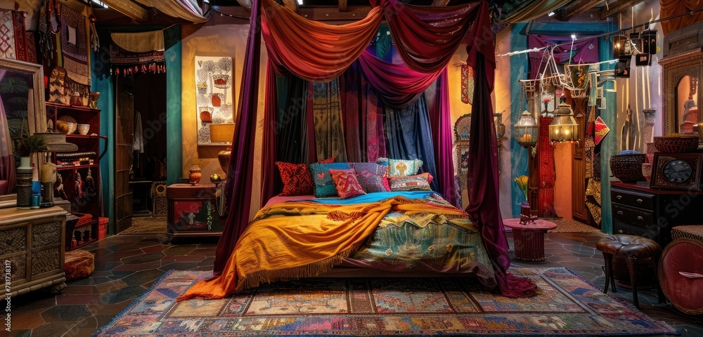 Bohemian canopy bed draped in jewel tones amidst eclectic decor, creating a captivating atmosphere.