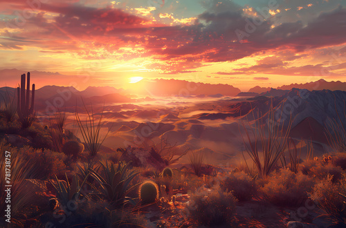 A vast desert landscape at sunset  with cacti and mountains in the background