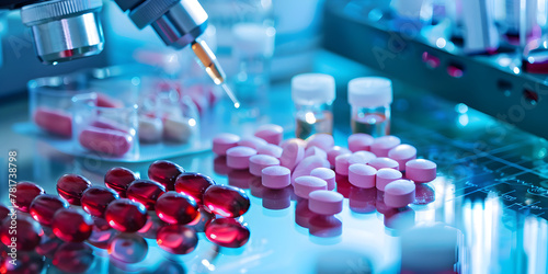 Pharmaceuticals and lab equipment in a lab, representing stages of drug development from research to clinical trials. photo