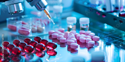 Pharmaceuticals and lab equipment in a lab, representing stages of drug development from research to clinical trials.