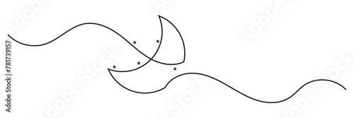 One continuous single line of Crescent moon for ramadhan isolated on white background. greeting card, banner, and poster concept. Minimalism design. Vector illustration