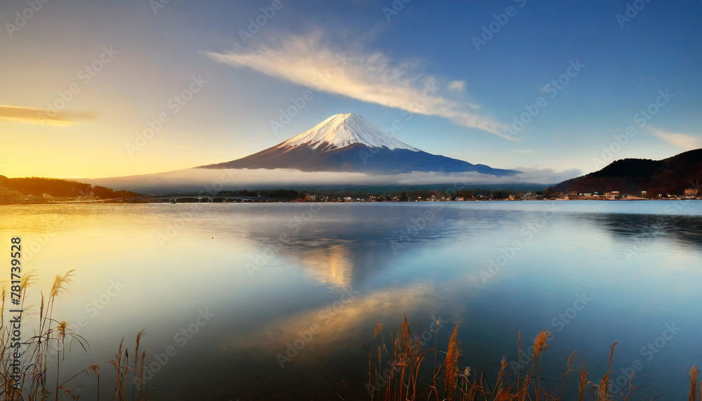 mountain Fuji at dawn with peaceful lake reflection 