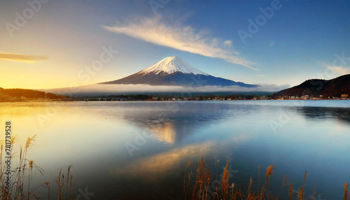 mountain Fuji at dawn with peaceful lake reflection  photo