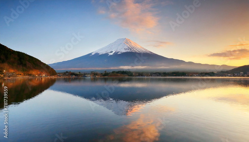 mountain Fuji at dawn with peaceful lake reflection 