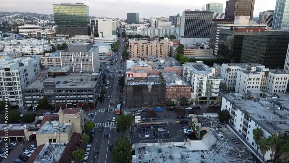 Beautiful golden hour aerial view of a dense city neighborhood in Los Angeles. Beautiful golden hour aerial view of a dense city neighborhood in Los Angeles.