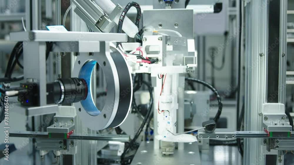 Industrial Setup Robot For Electronics Factory, Advanced Robotic Machine Manufacturing Parts In An Automated Assembly Line Industrial Setup Robot For Electronics Factory, Advanced Robotic Machine Manufacturing Parts In An Automated Assembly Line