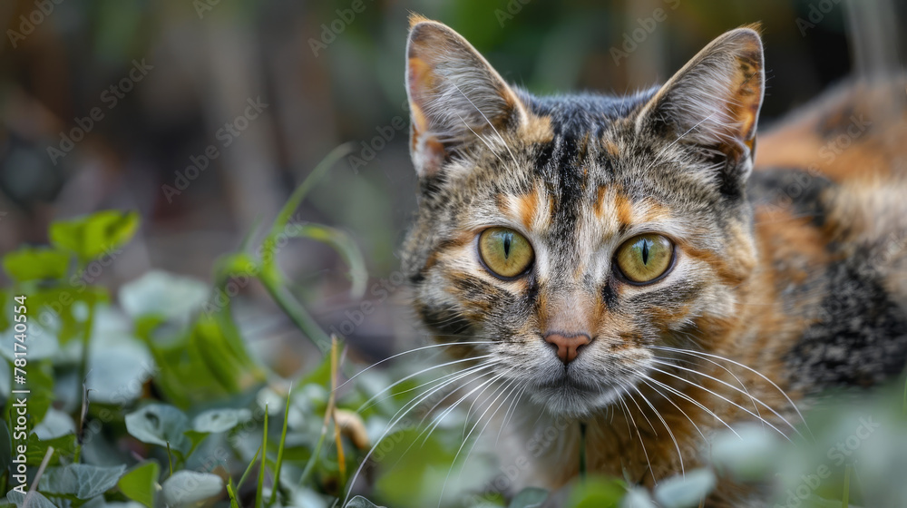 A calico cat exploring a the outdoors while walking among weeds, grass and clover.