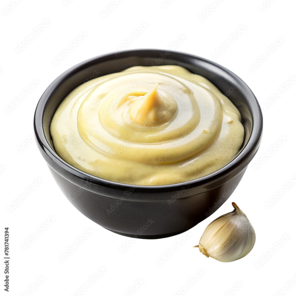 Garlic sauce on black bowl isolated on transparent background Garlic sauce on black bowl isolated on transparent background