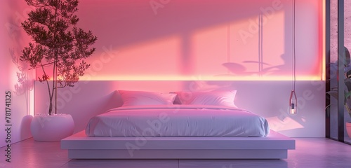Sophisticated ambiance  plush bed in soft pink lighting  against elegant minimalist architecture.