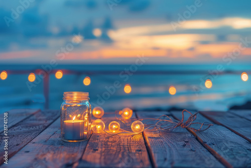 Overlooking the ocean at dusk, a wooden table with mason jars and string lights sits, with the warm glow of the light bulbs emphasized by a blurred background.