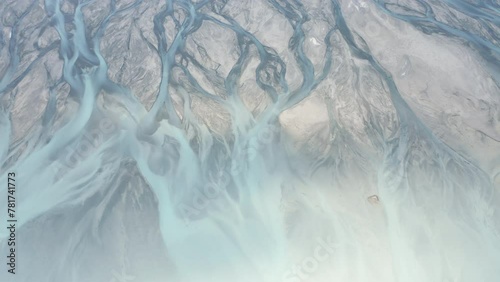 Godley River forms a network of blue braided channels before converging at Lake Tekapo, New Zealand. photo