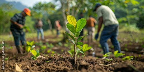 People were planting trees in the forest, focusing on one young tree being planted while two individuals stood behind it holding seedlings to plant nearby. photo