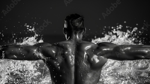 The defined muscles of a swimmers back and shoulders flex as they power through the water. .