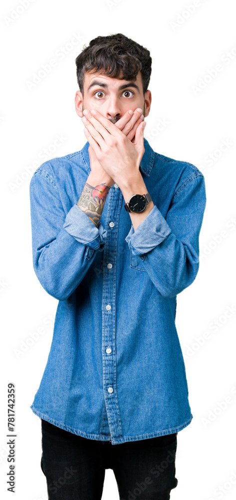 Young handsome man over isolated background shocked covering mouth with hands for mistake. Secret concept. Young handsome man over isolated background shocked covering mouth with hands for mistake. Secret concept.