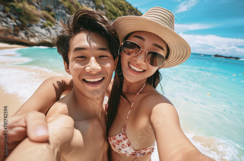A young Asian couple taking selfie at tropical beach on vacation, wearing sun hats and sunglasses while having fun together in summer holiday trip