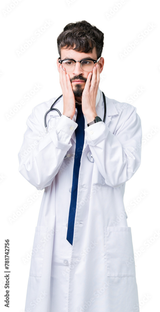 Young doctor man wearing hospital coat over isolated background Tired hands covering face, depression and sadness, upset and irritated for problem Young doctor man wearing hospital coat over isolated background Tired hands covering face, depression and sadness, upset and irritated for problem