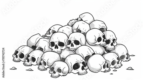Piles of cartoon skulls and bones black and white, isolated on white background