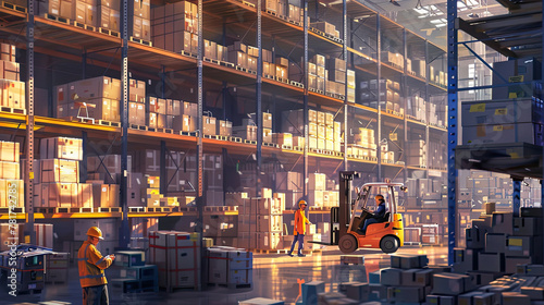 A dynamic warehouse scene, where workers in safety gear are efficiently organizing boxes, driving forklifts, and checking inventories. The vast shelves are stacked high with products .