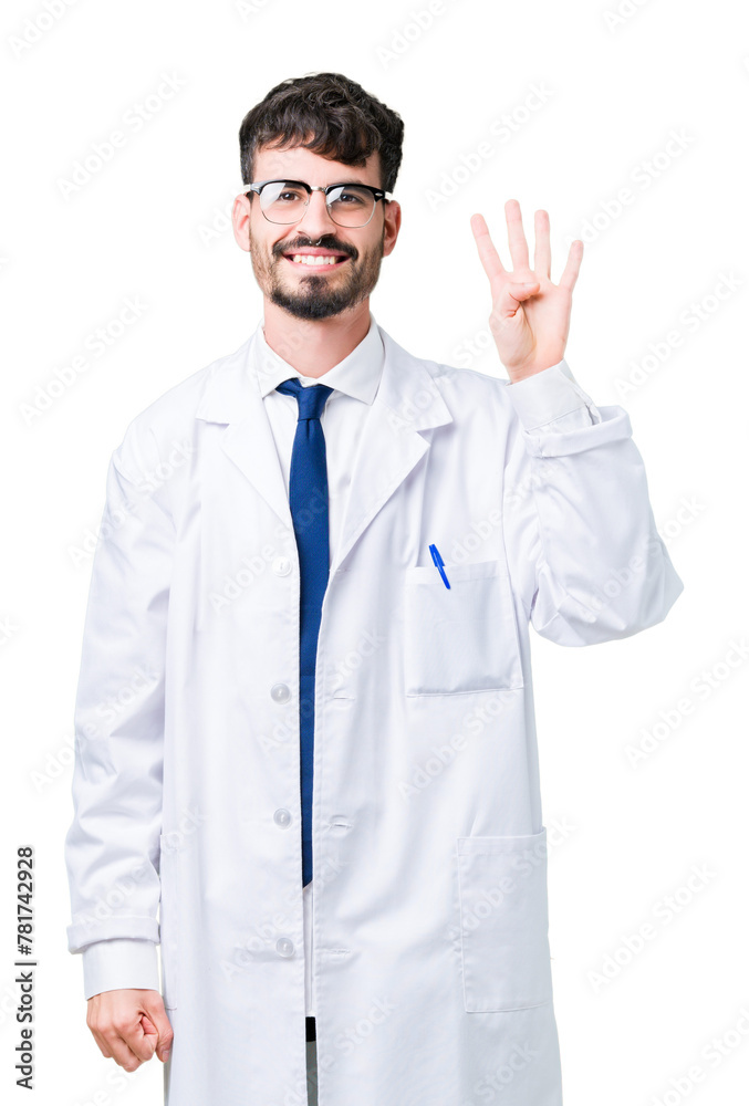 Young professional scientist man wearing white coat over isolated background showing and pointing up with fingers number four while smiling confident and happy. Young professional scientist man wearing white coat over isolated background showing and pointing up with fingers number four while smiling confident and happy.