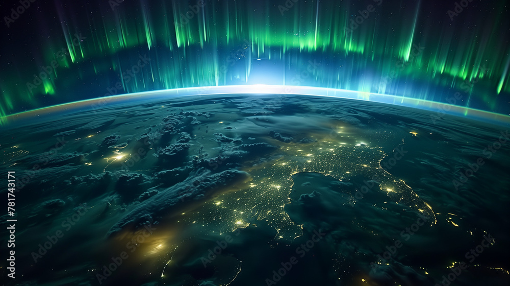 Aurora Borealis seen from space above Earth's nighttime surface. Stock ...