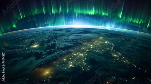 Aurora Borealis seen from space above Earth's nighttime surface.