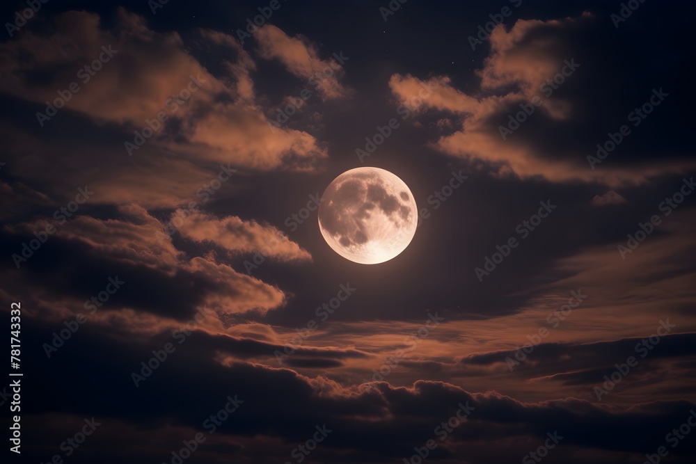 Lunar eclipse in sky with clouds, Full view of lunar moon eclipse in cloudy sky