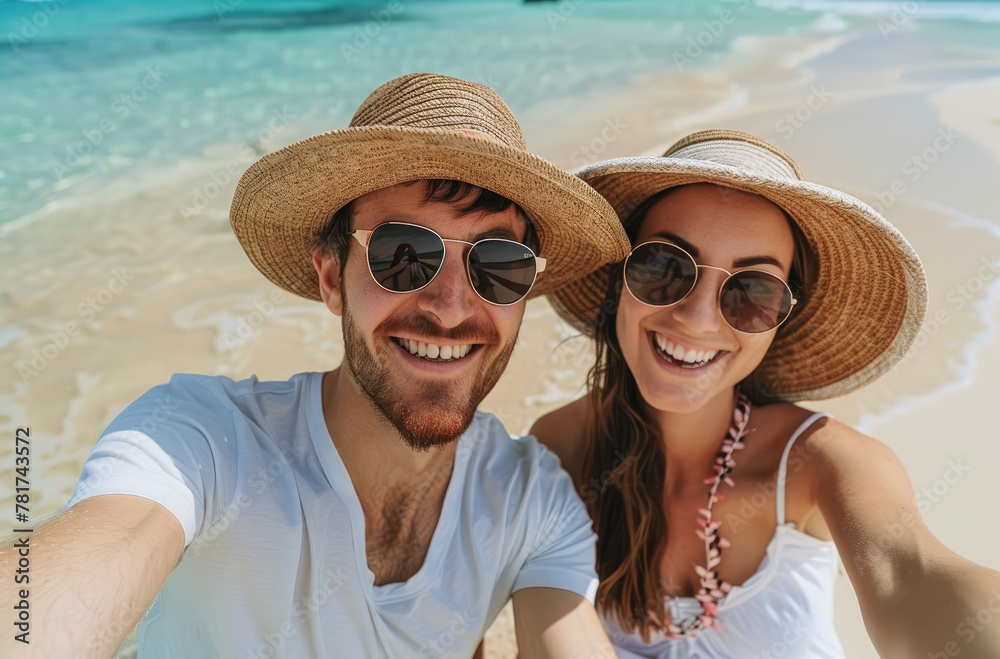 A young couple taking selfie at tropical beach on vacation, wearing sun hats and sunglasses while having fun together in summer holiday trip