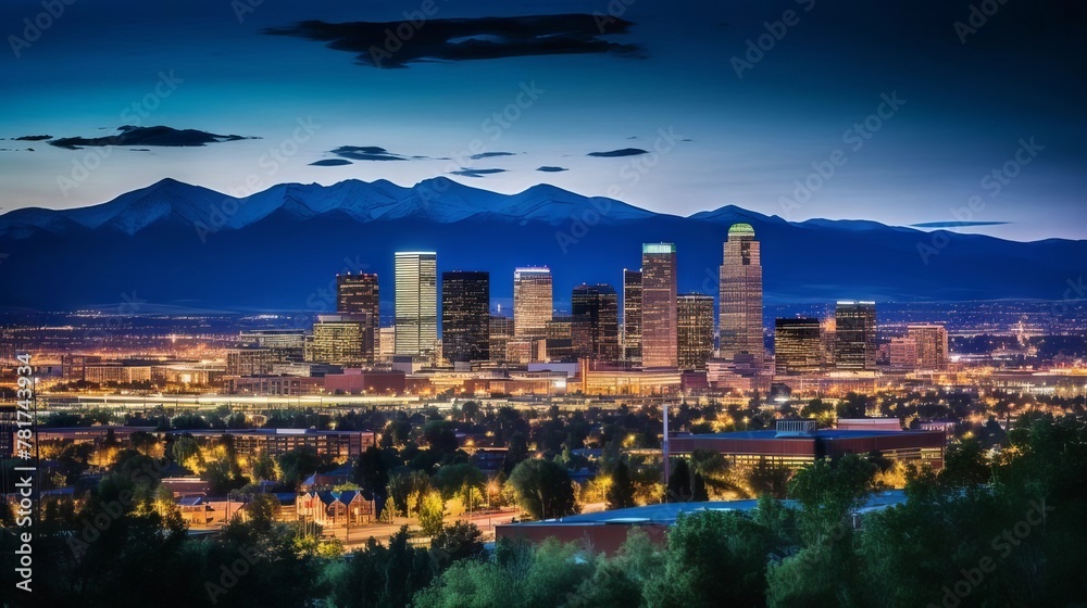 Fototapeta premium Midnight Majesty: A Citys Glow Beneath Mountain Peaks. Generative AI