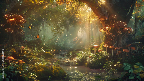 An image depicting a magical moment in an enchanted forest, where the natural world seems alive with mystical creatures and ethereal light, inviting the viewer into a world of wonder and fantasy. © NooPaew