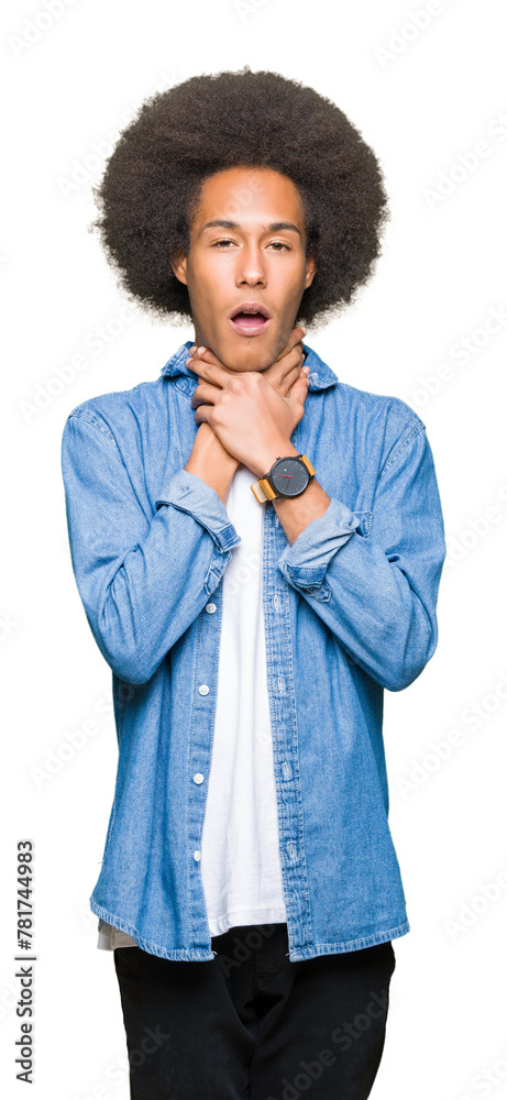 Young african american man with afro hair shouting and suffocate because painful strangle. Health problem. Asphyxiate and suicide concept. Young african american man with afro hair shouting and suffocate because painful strangle. Health problem. Asphyxiate and suicide concept.