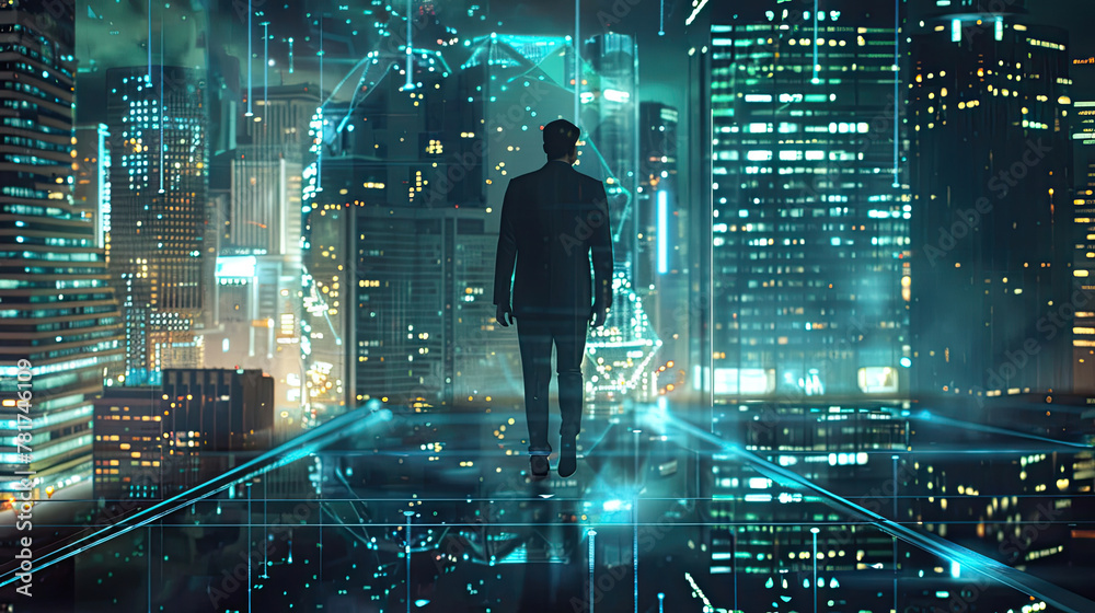 Business technology concept Professional businessman walking on a futuristic city network and futuristic graphic interface at night. Business technology concept Professional businessman walking on a futuristic city network and futuristic graphic interface at night.