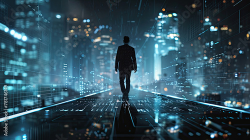 Business technology concept Professional businessman walking on a futuristic city network and futuristic graphic interface at night. © NooPaew