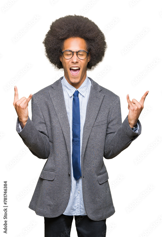 Young african american business man with afro hair wearing glasses shouting with crazy expression doing rock symbol with hands up. Music star. Heavy concept. Young african american business man with afro hair wearing glasses shouting with crazy expression doing rock symbol with hands up. Music star. Heavy concept.