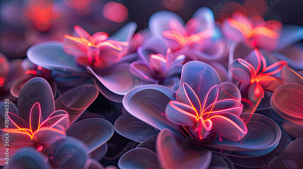 Fototapeta premium Decorative volumetric flowers with neon lighting.