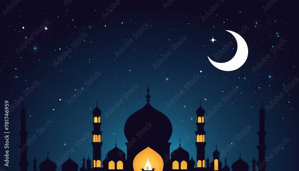 Eid Mubarak Card with Mosque Silhouette and Candle Light in Minimalist Doodle Style