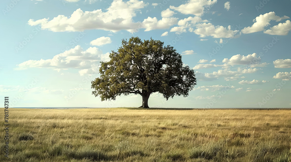 Majestic Solitary Tree in Vast Open Field. Majestic Solitary Tree in Vast Open Field.