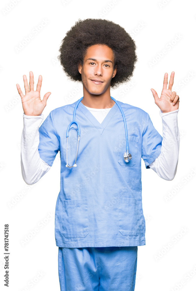 Young african american doctor man with afro hair showing and pointing up with fingers number eight while smiling confident and happy. Young african american doctor man with afro hair showing and pointing up with fingers number eight while smiling confident and happy.