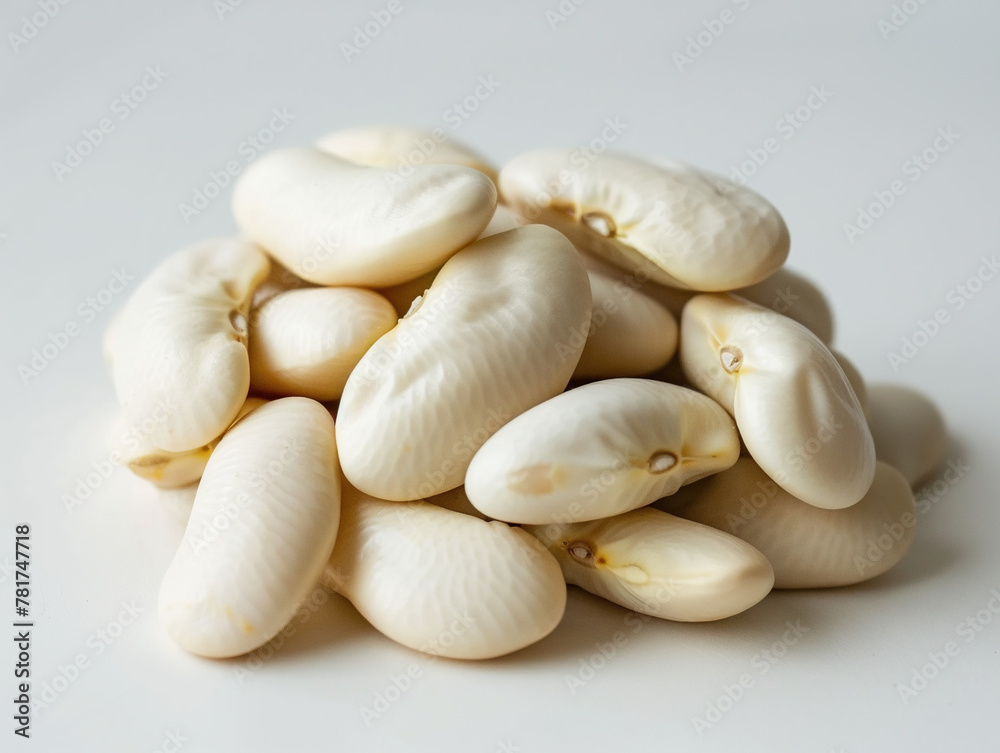 Dry butter beans white kidney beans. Product photo on white surface