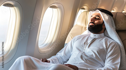 Muslim businessman in traditional white robes sits on a plane during a business trip. photo