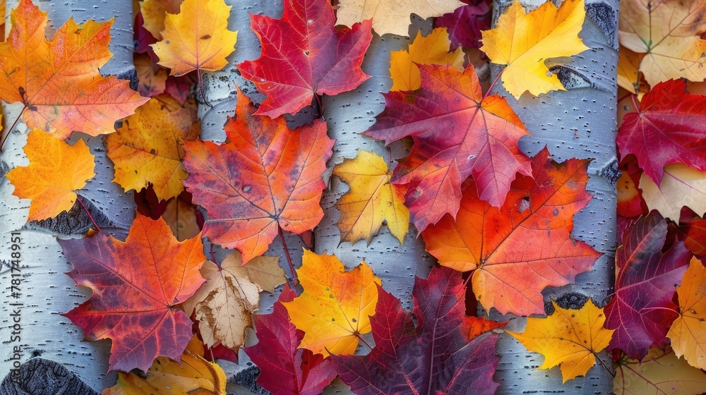 close-up shot of colorful autumn leaves on trees in a forest, vibrant hues of fall foliage.