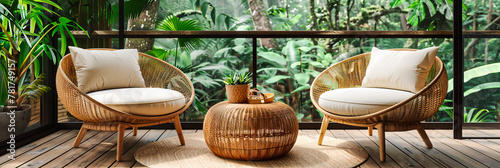 Cozy Interior with Rattan Furniture, Green Plants Decoration, Stylish and Comfortable Modern Living Space Concept
