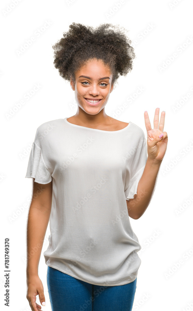 Young afro american woman over isolated background showing and pointing up with fingers number three while smiling confident and happy. Young afro american woman over isolated background showing and pointing up with fingers number three while smiling confident and happy.