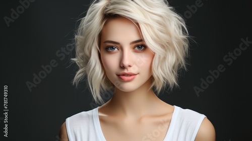 portrait of happy young korean blonde short hair woman on gray background.