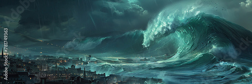 the powerful surge of a tidal wave, its massive form looming over a coastal city, invoking a sense of awe and respect for the ocean's might.