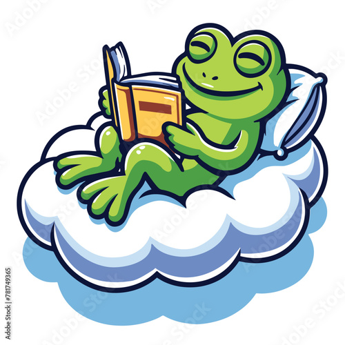 Cartoon frog enjoys reading a book while sitting on a fluffy cloud. vector illustrator.